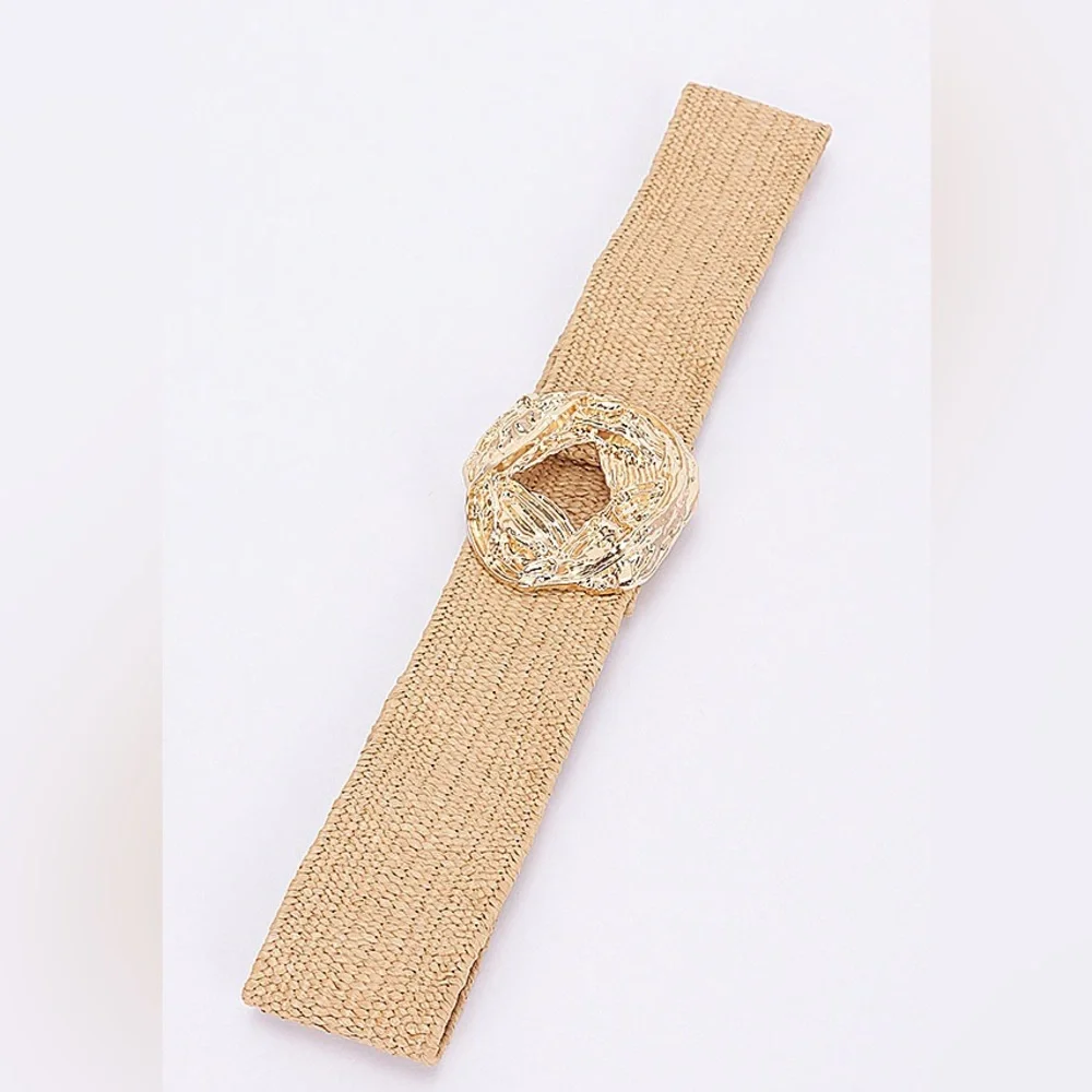 Gold & Tan Woven Straw Statement Belt